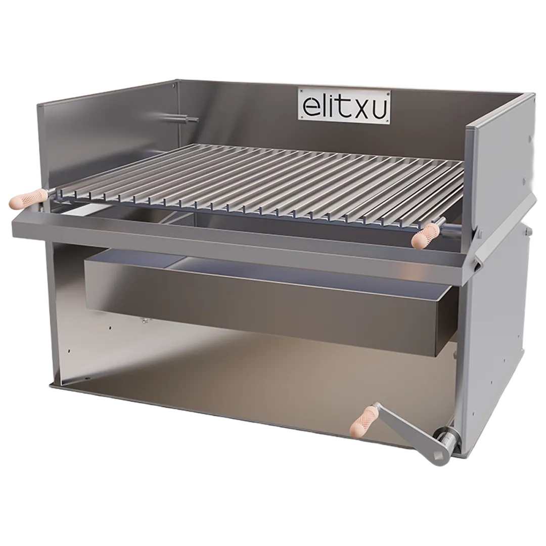 Parrilla abierta Elitxu SUA 700 para barbacoa de carbón con rejilla regulable en altura.